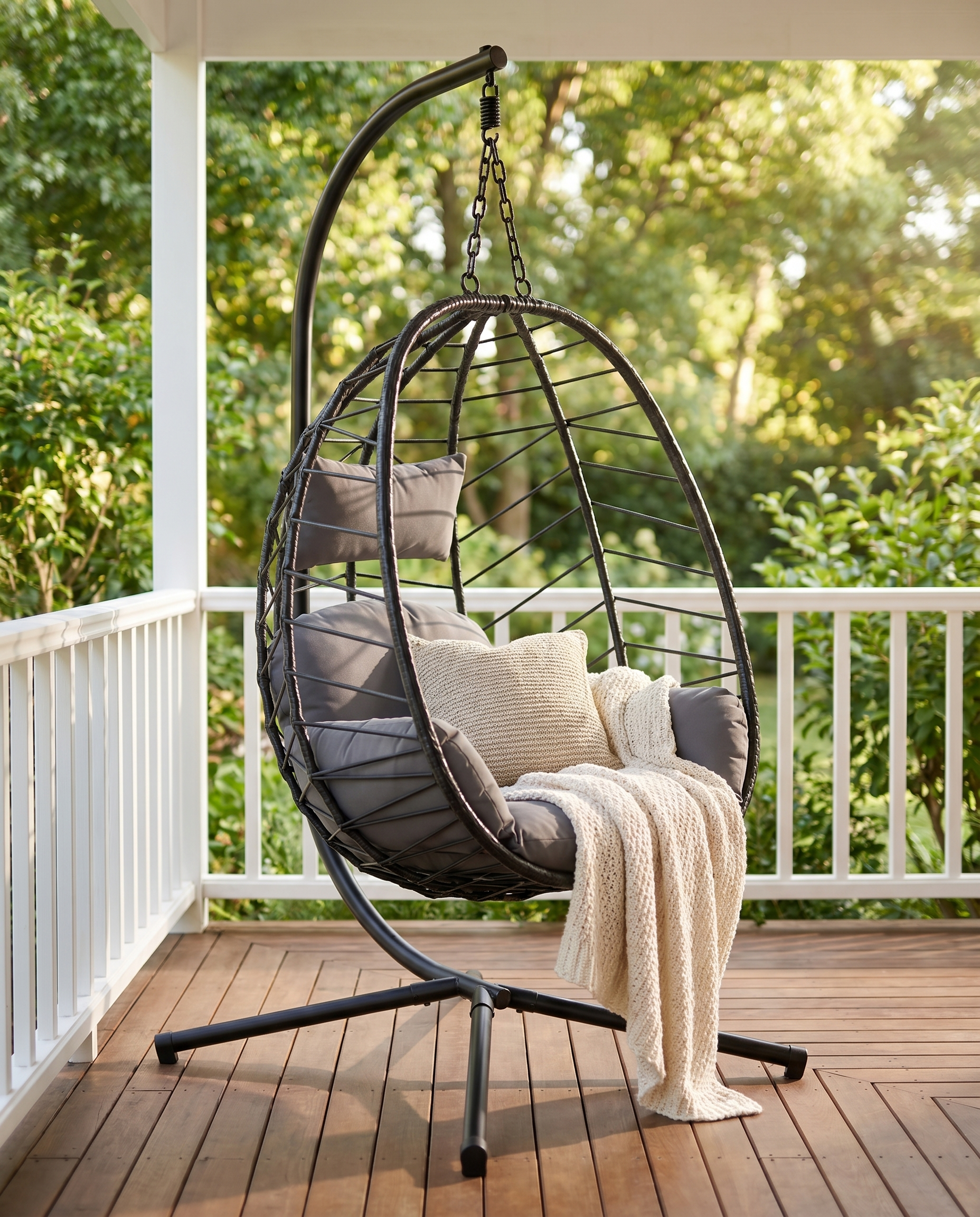 Black rattan egg swing chair with grey cushion on a covered porch