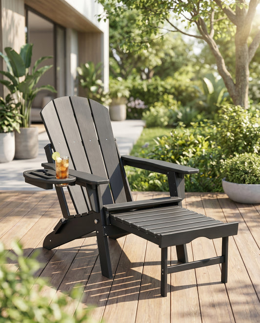 Dark grey HDPE Adirondack chair with pull-out ottoman on a garden deck