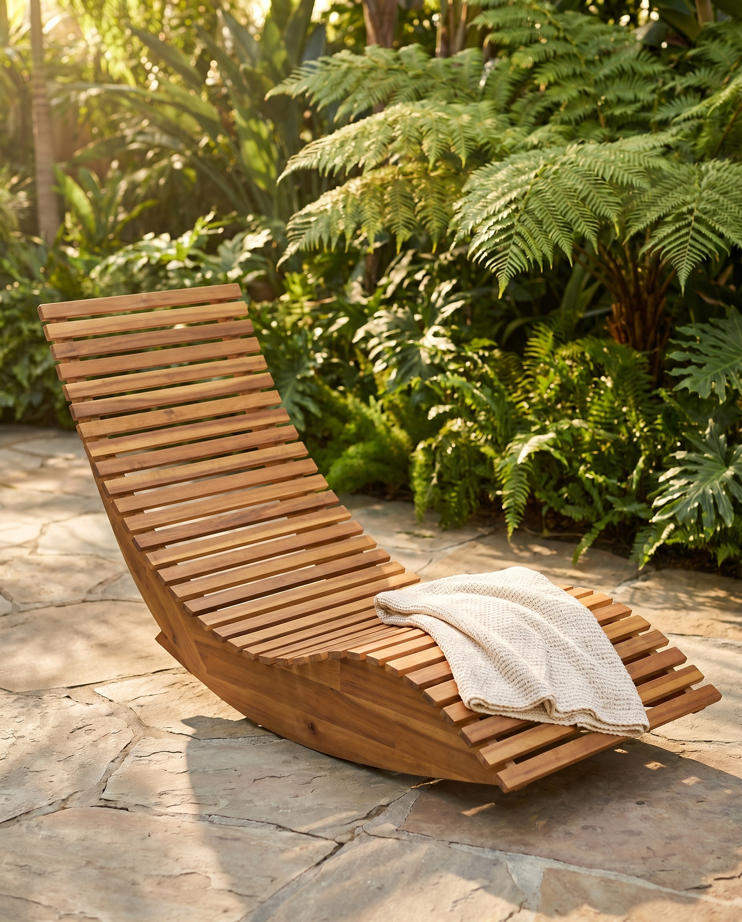 Natural acacia wood slatted curved lounger in a leafy garden corner