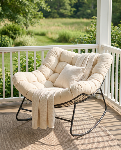 Oversized cream papasan rocking chair on a porch overlooking a meadow