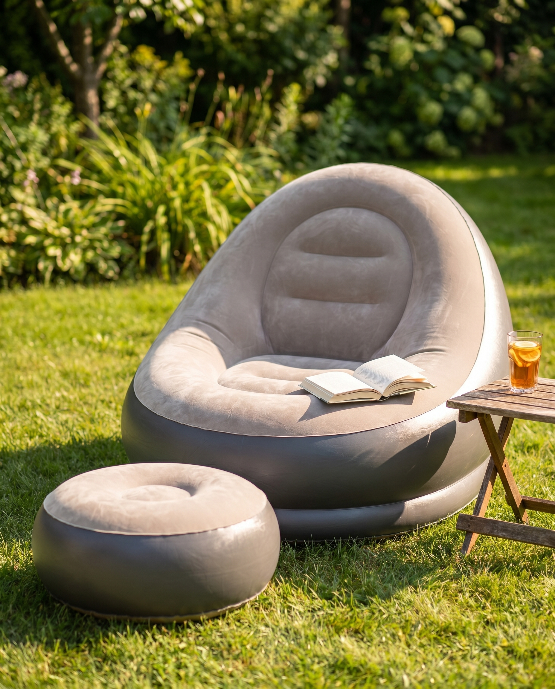 Taupe inflatable lounge chair and footstool on a sunny garden lawn