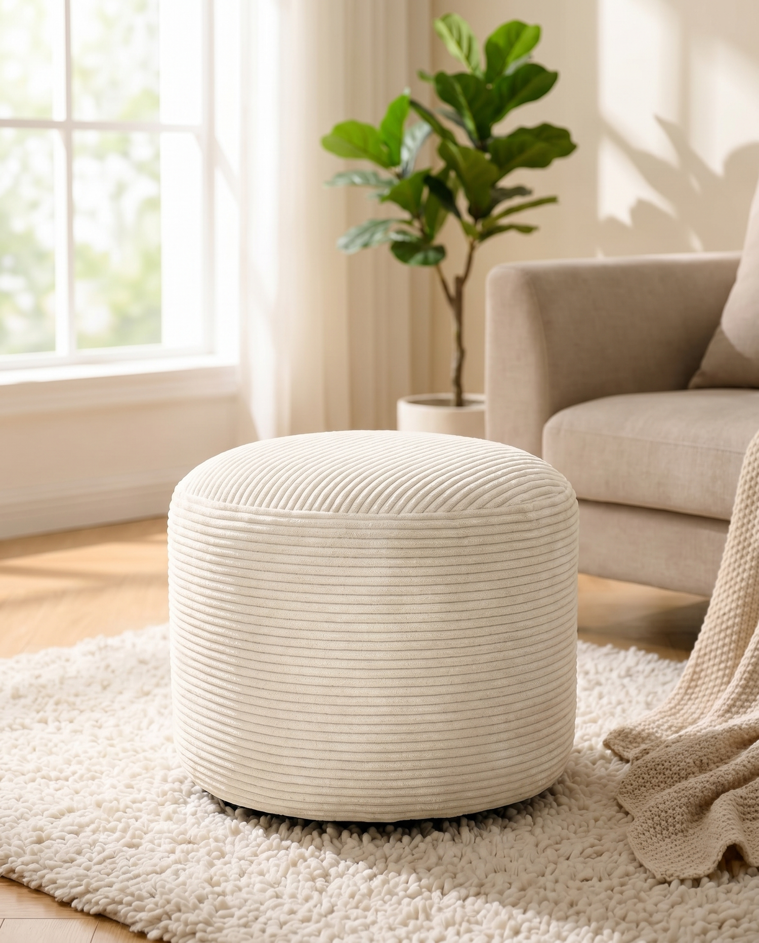 Round corduroy ottoman pouf in a cosy living room