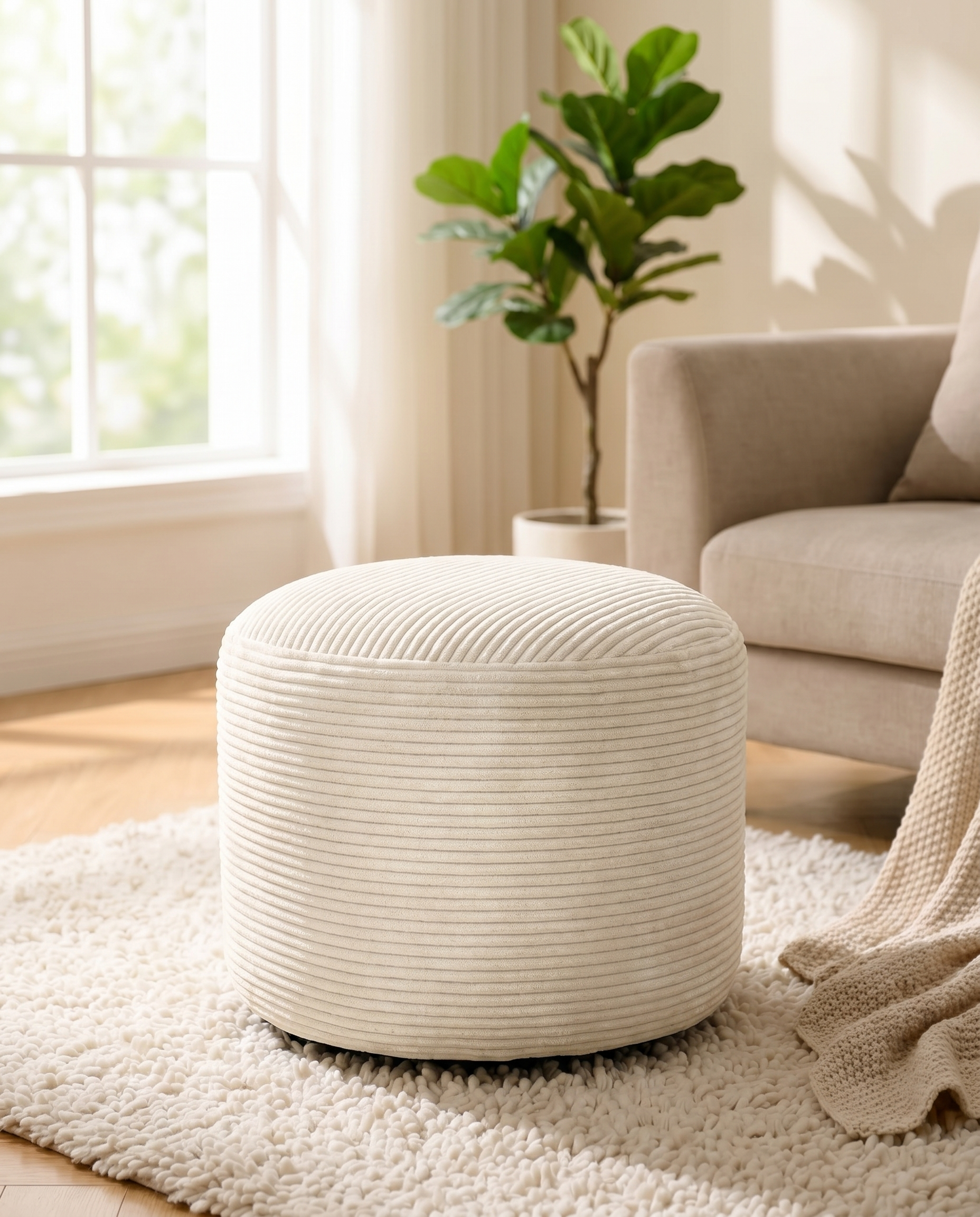 Round corduroy ottoman pouf in a cosy living room