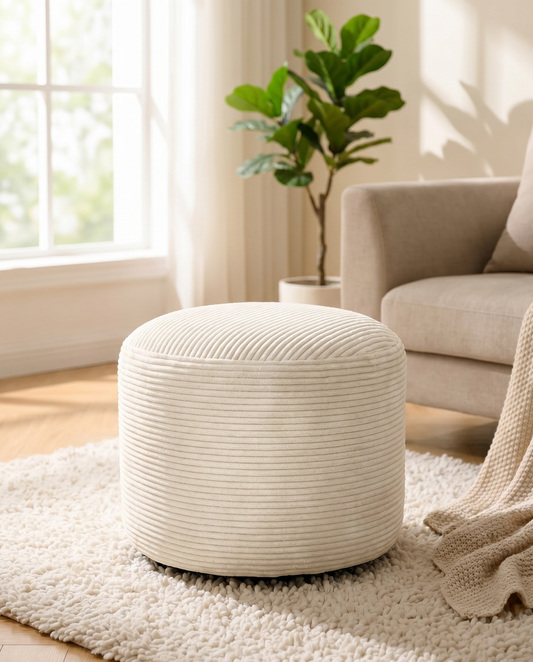 Round corduroy ottoman pouf in a cosy living room