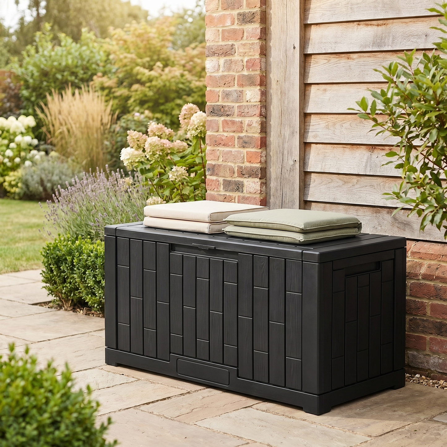 Black resin storage deck box against a wall in a temperate garden, square