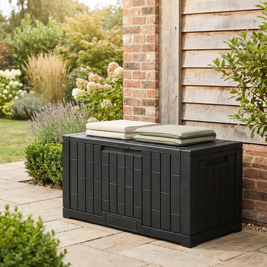 Black resin storage deck box against a wall in a temperate garden, square