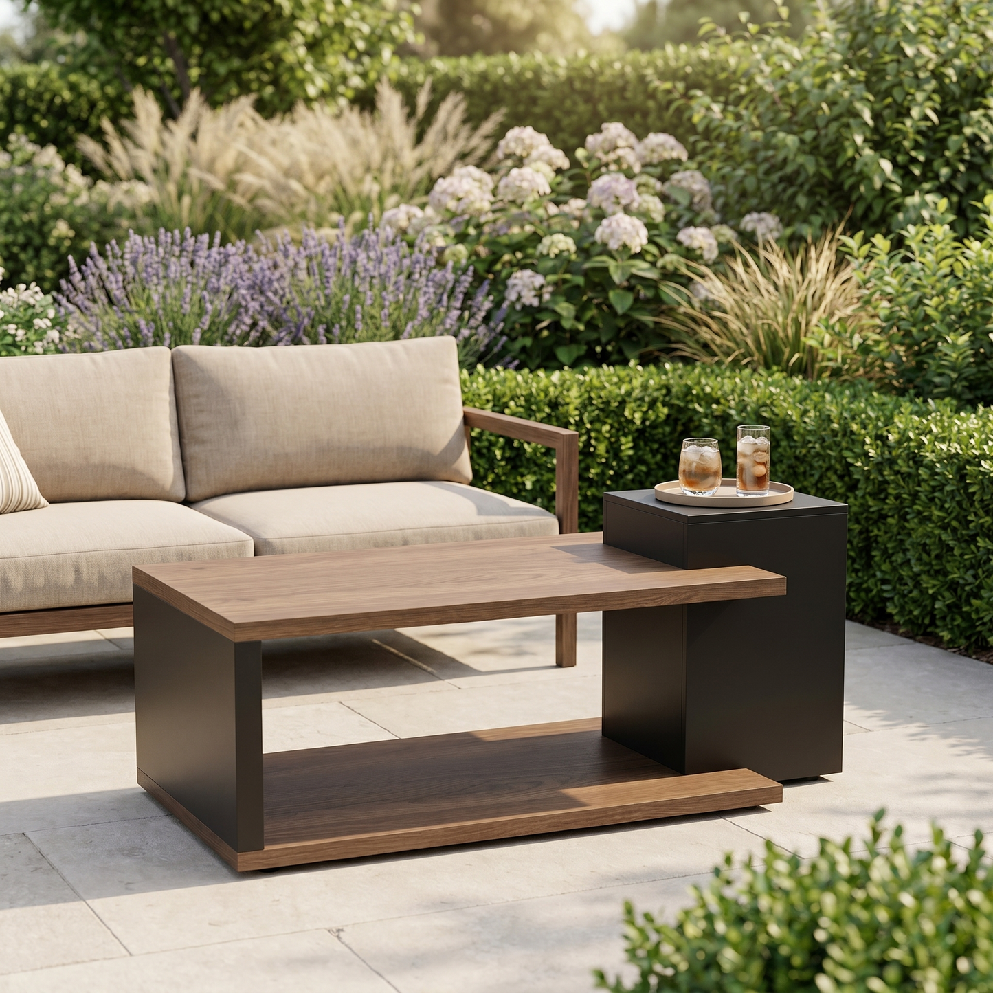 Steel outdoor coffee table with wood-grain top in front of a sofa in a temperate garden, square