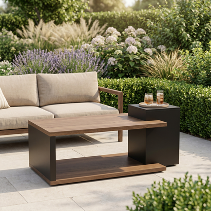 Steel outdoor coffee table with wood-grain top in front of a sofa in a temperate garden, square