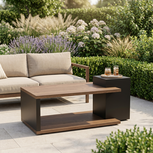 Steel outdoor coffee table with wood-grain top in front of a sofa in a temperate garden, square
