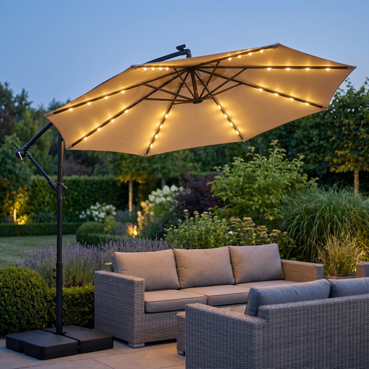 Solar LED cantilever umbrella glowing over a patio at dusk, square
