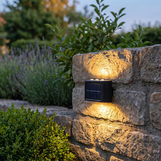 Solar up/down wall lights washing a stone wall at dusk, square