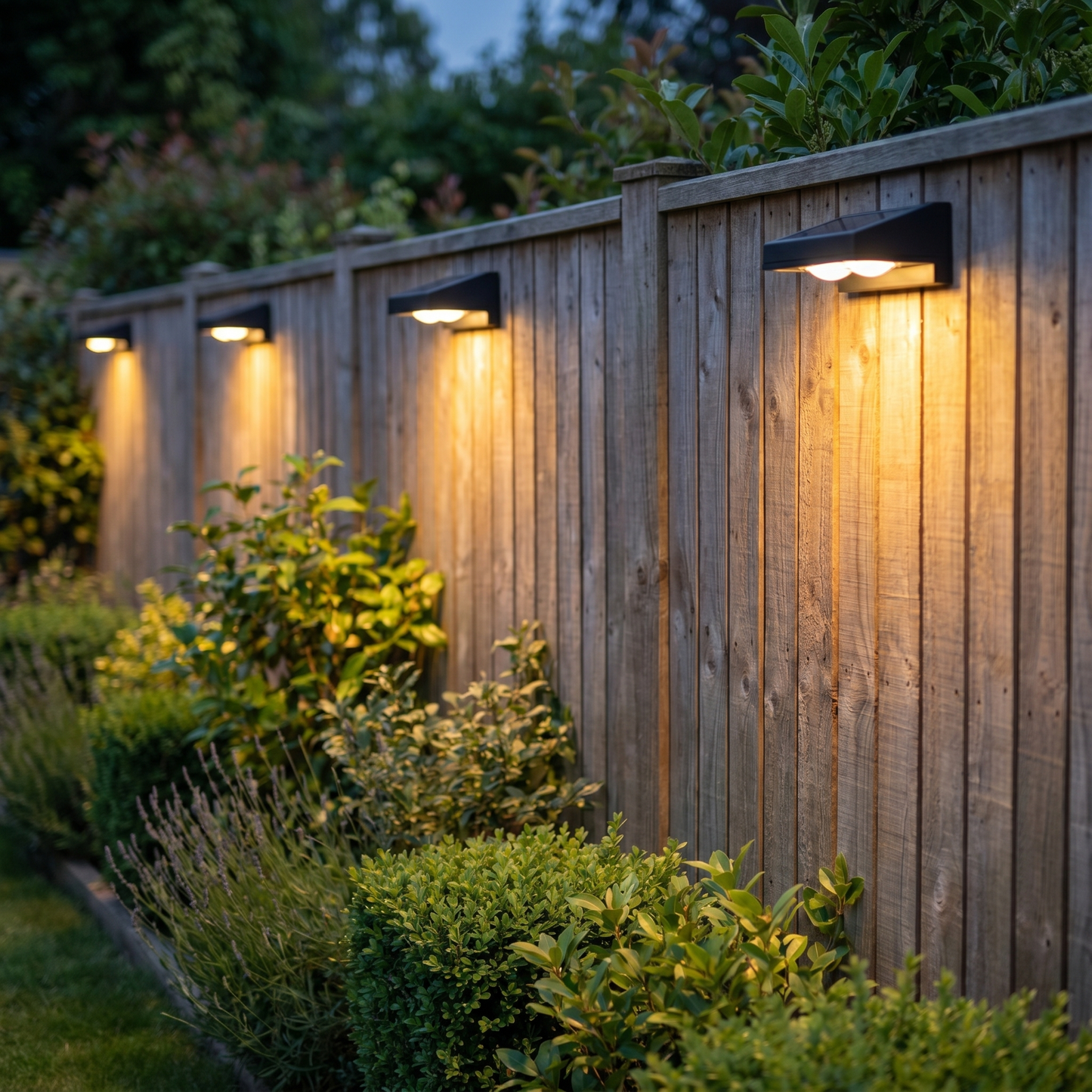 Solar fence lamps glowing along a wooden fence at dusk, square