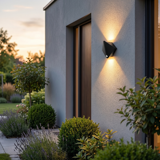 Black motion-sensor wall light glowing beside a door at dusk, square