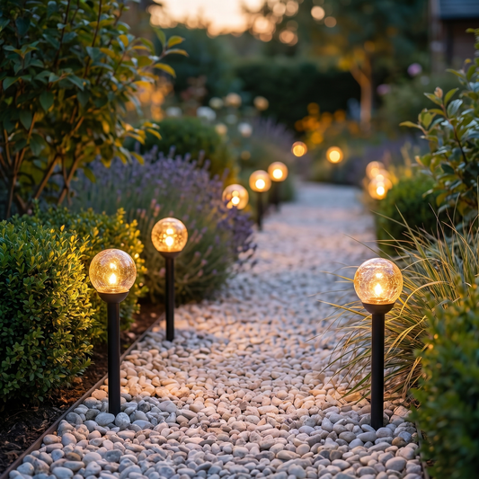 Crackle-glass bubble ball stake lights along a pebble path at dusk, square