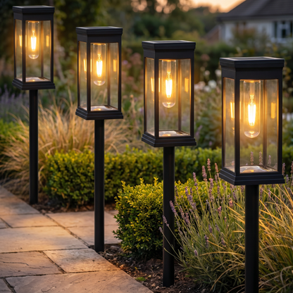 Black mini street-lamp solar path lights glowing along a garden path at dusk, square