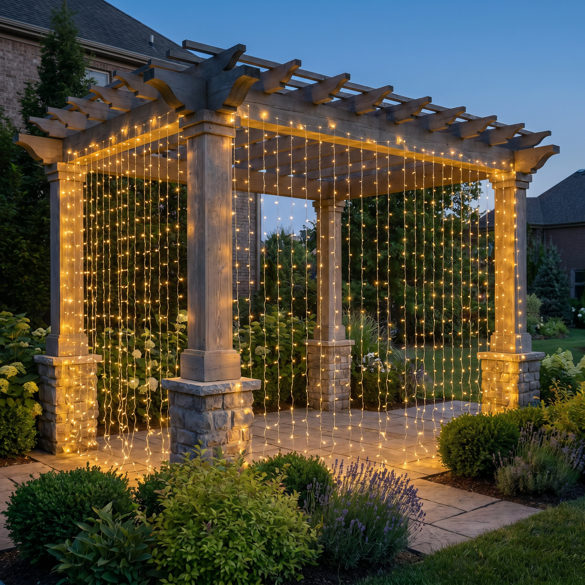 Warm waterfall curtain fairy lights on a pergola at dusk, square