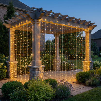 Warm waterfall curtain fairy lights on a pergola at dusk, square