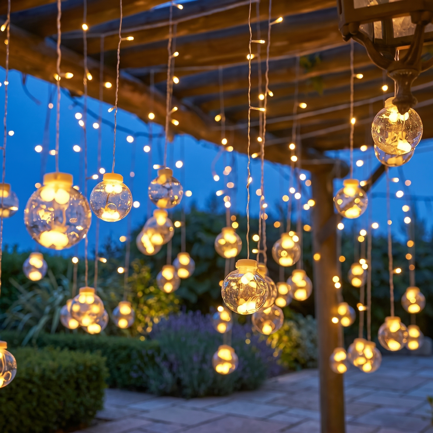 Crackle-glass wishing ball string lights on a pergola at dusk, square