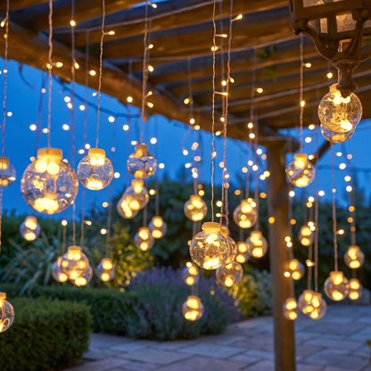 Crackle-glass wishing ball string lights on a pergola at dusk, square