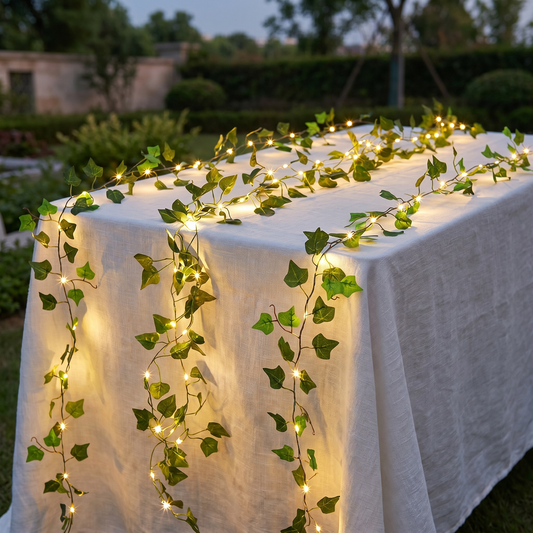 Copper-wire leaf string lights glowing along a table at dusk, square