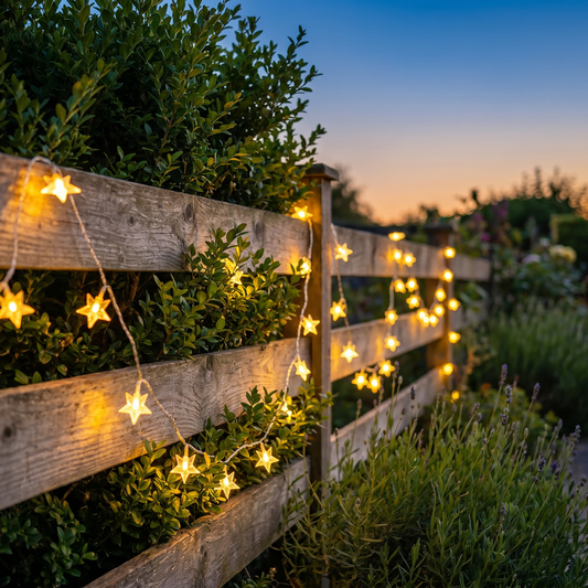 Warm star fairy string lights along a garden fence at dusk, square