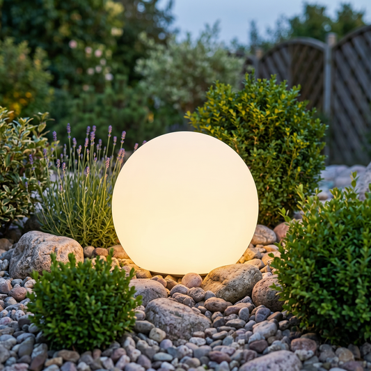 Glowing globe ball garden light in a rock garden at dusk, square