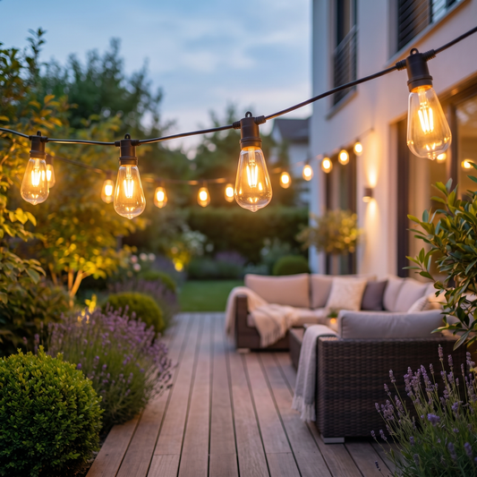 ST38 Edison string lights over a deck patio at blue hour, square