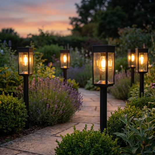 Black lantern-head pathway lights along a garden path at dusk, square