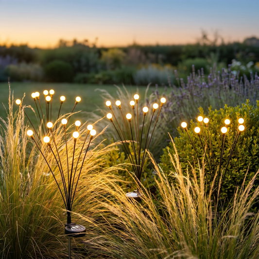Solar firefly stake lights among ornamental grasses at dusk, square