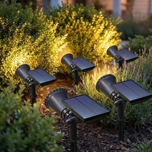 Black solar landscape spotlights uplighting a shrub at dusk, square