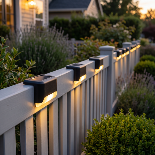 Black solar deck cap lights along a fence at dusk, square