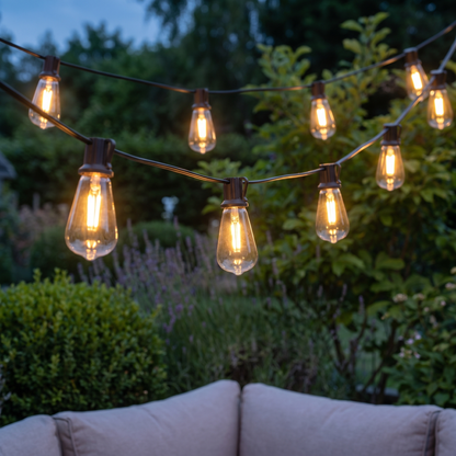 ST38 Edison solar string lights over a cosy patio at blue hour, square
