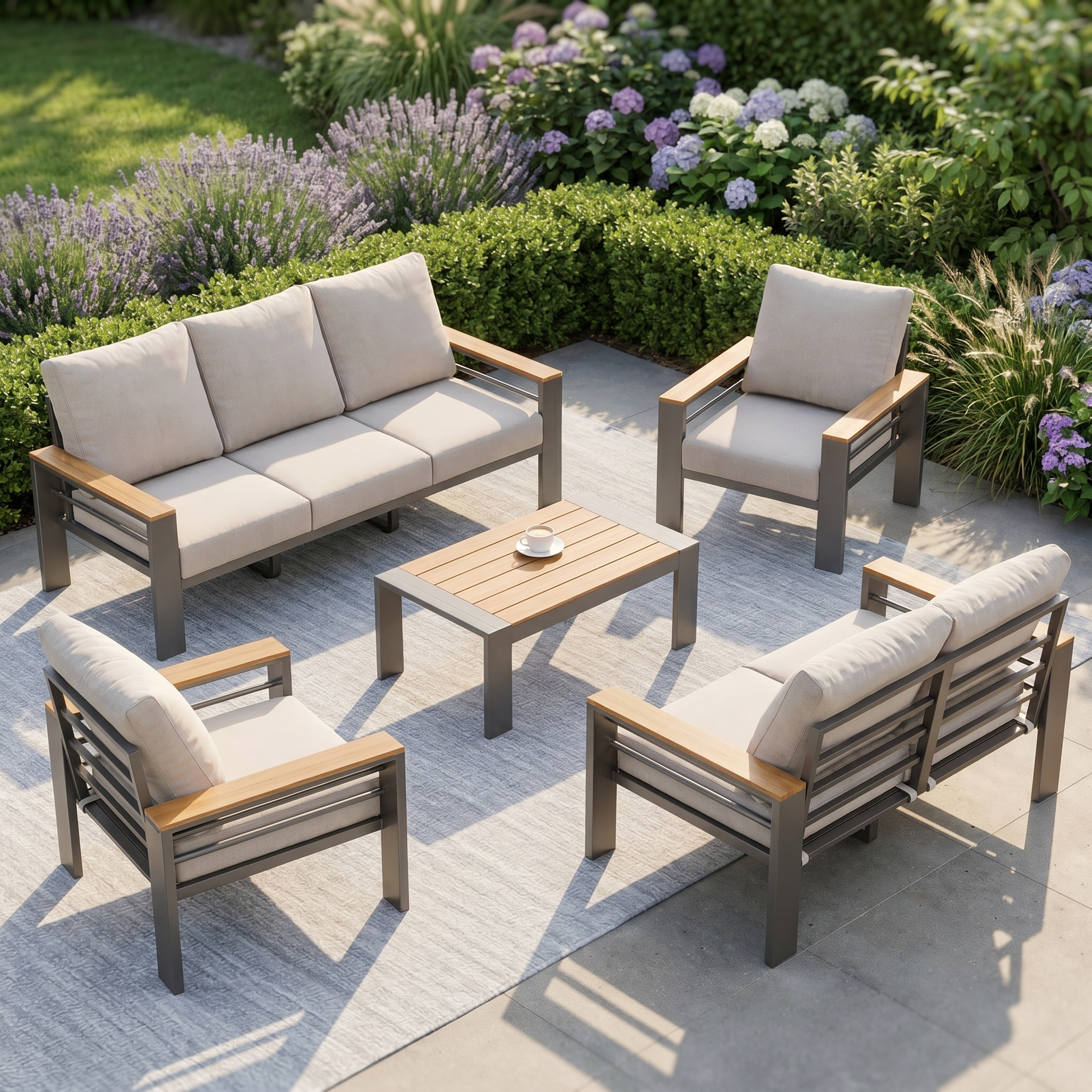 Aluminium patio furniture set with beige cushions in a temperate garden, square