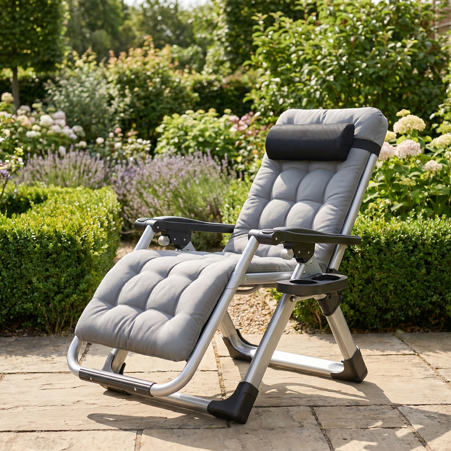 Grey zero-gravity reclining patio chair in a temperate garden, square