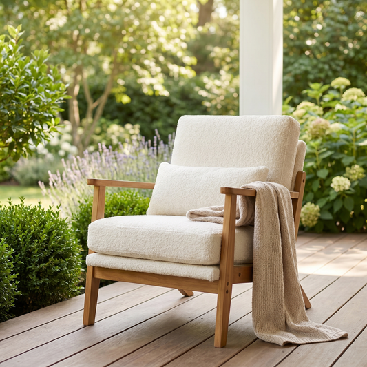 Mid-century cream boucle accent chair on a veranda in a temperate garden, square