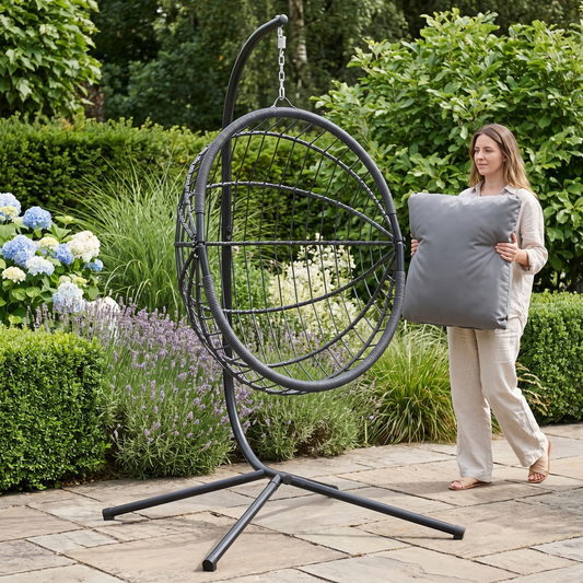 Hanging egg chair stand lifestyle