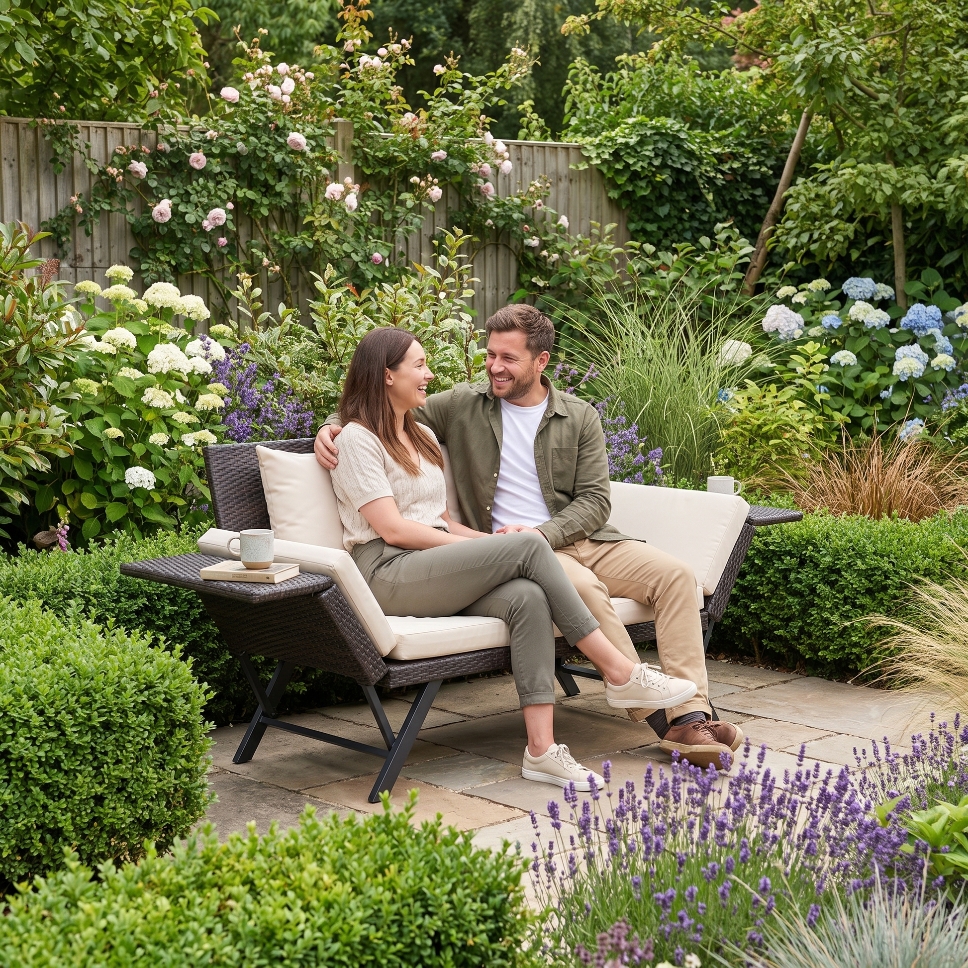 Garden bench with cushions lifestyle