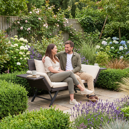 Garden bench with cushions lifestyle