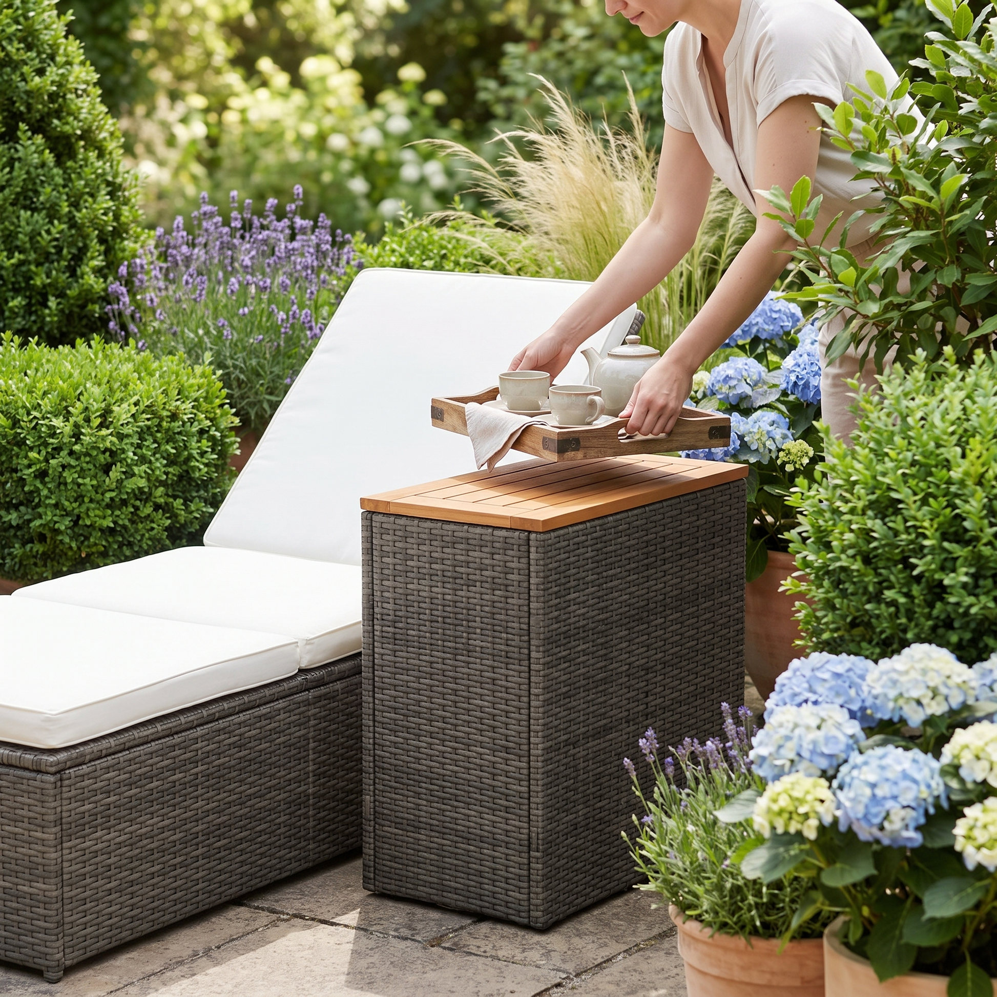 Garden side table with wooden top lifestyle