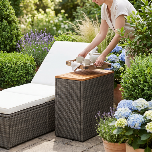 Garden side table with wooden top lifestyle