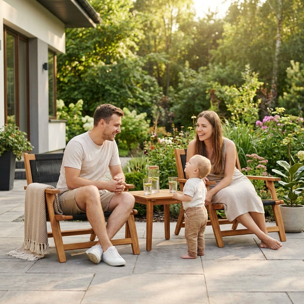 Young family with garden relax chairs on their patio