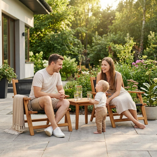Young family with garden relax chairs on their patio