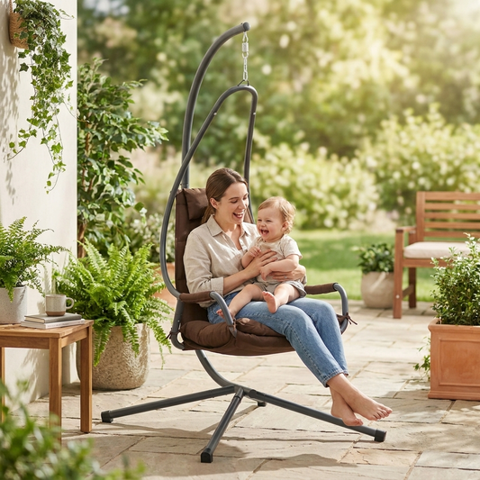Mum and child laughing in hanging egg chair