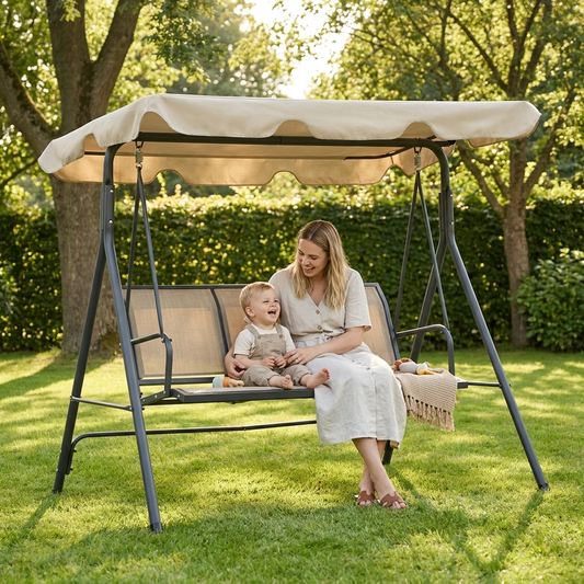 Mum and child on garden swing with canopy