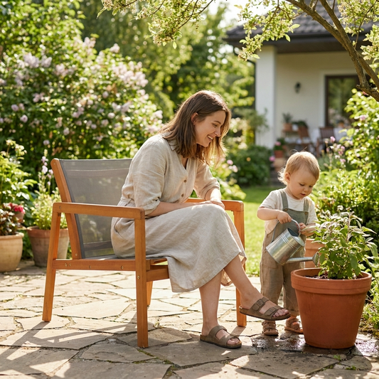 Mum in eucalyptus garden chair while her child waters plants