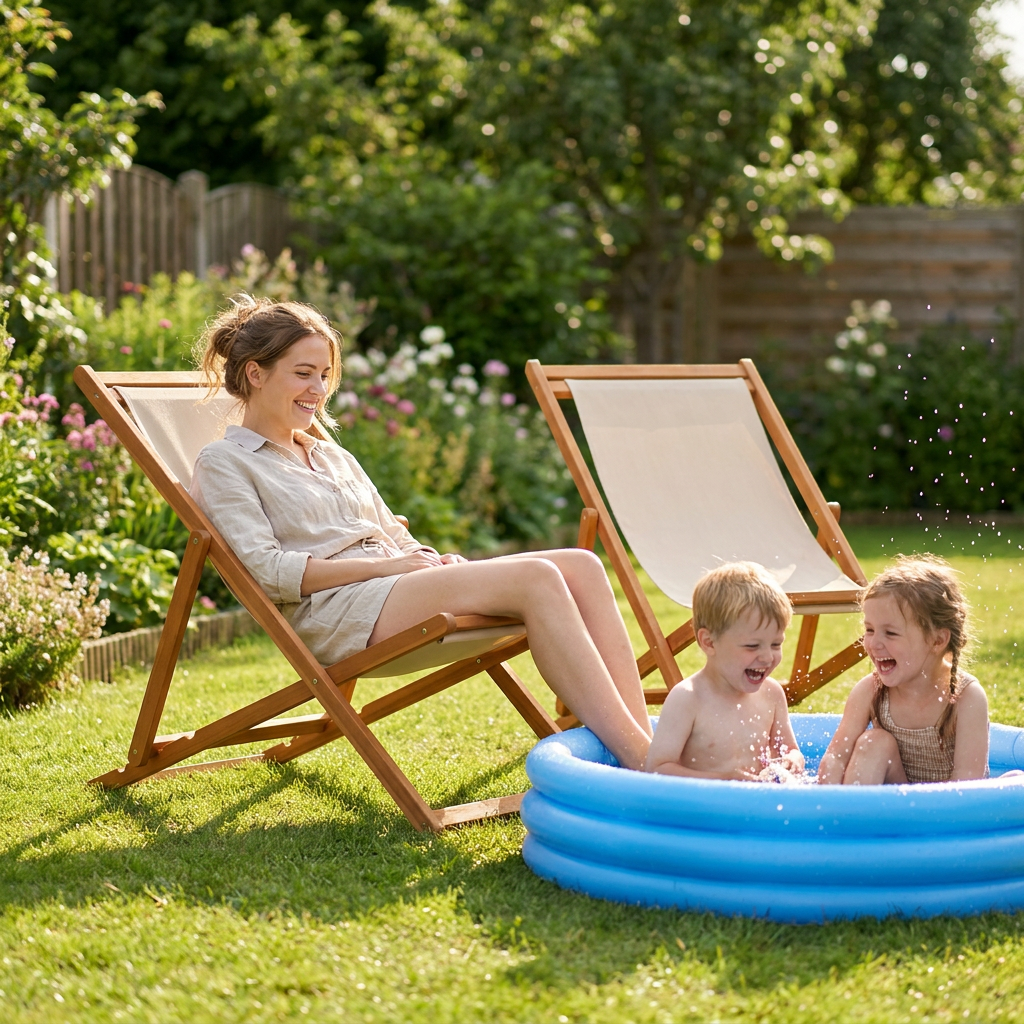 Mum in folding beach chair, kids playing at paddling pool