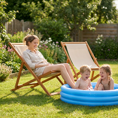 Mum in folding beach chair, kids playing at paddling pool