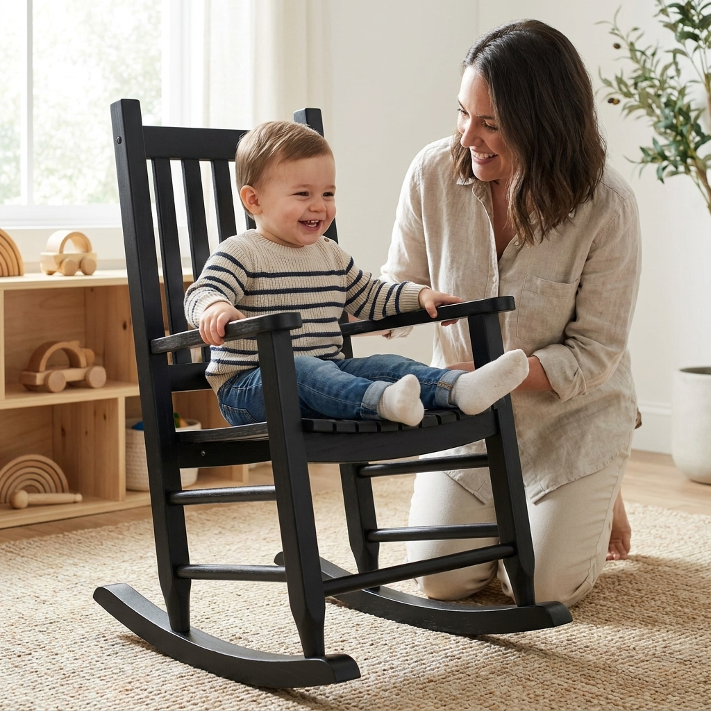 Toddler rocking in children's wooden rocking chair, parent beside