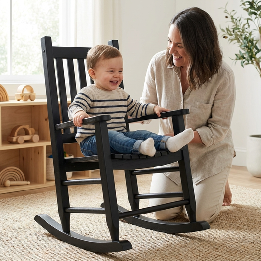 Toddler rocking in children's wooden rocking chair, parent beside