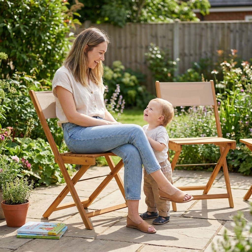 Mum and toddler with acacia bistro chairs on garden patio